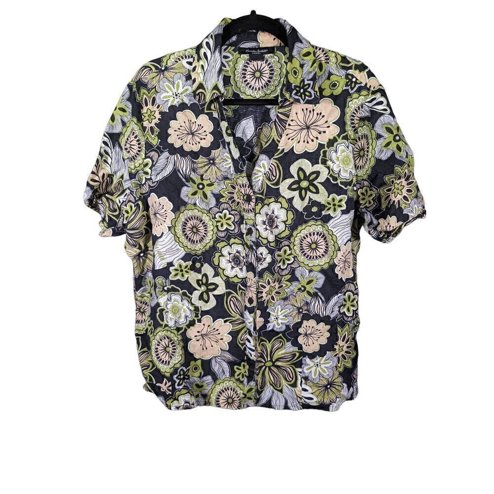 Alexandra Bartlett 100% Linen Green Floral Hawaiian Short Sleeve Button Up Women